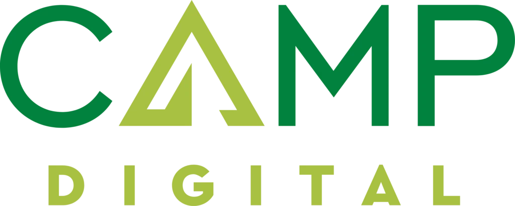 Logo with the word 'CAMP' in green and 'DIGITAL' below in lighter green. The letter 'A' in 'CAMP' resembles a tent.